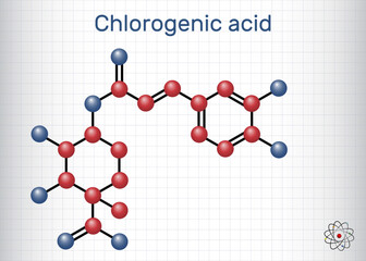 Chlorogenic acid molecule. Chemical structure of plant-based polyphenol antioxidant. Sheet of paper in a cage