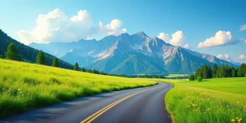 Naklejka premium Asphalt ribbon unwinding through a vibrant meadow, bordered by lush green grass, leading towards a majestic mountain range under a brilliant sunny sky