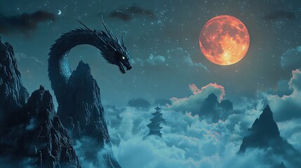 Dragon atop misty mountains under a blood moon.