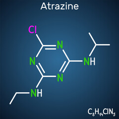 Fototapeta premium Atrazine molecule. Triazine herbicide used in agriculture for weed control. Structural chemical formula, dark blue background