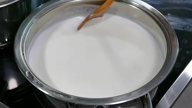 Stirring milk in a pot in the kitchen.