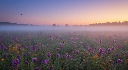 Naklejka premium Misty Sunrise over a Field of Wildflowers A Serene Landscape Photograph