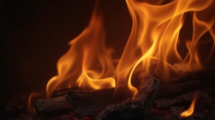 Bright flames rising from burning wood in close-up view.
