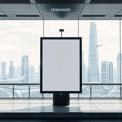 A mockup poster displayed on a street in an airport featuring a sleek white background and a stunning futuristic cityscape in the backdrop billboard blank mockup display empty poster advertising