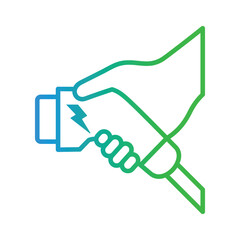Hand holding electric charger connector icon. Electrical transportation charging plug symbol. Eco friendly electro vehicle charge Logo Design vector
