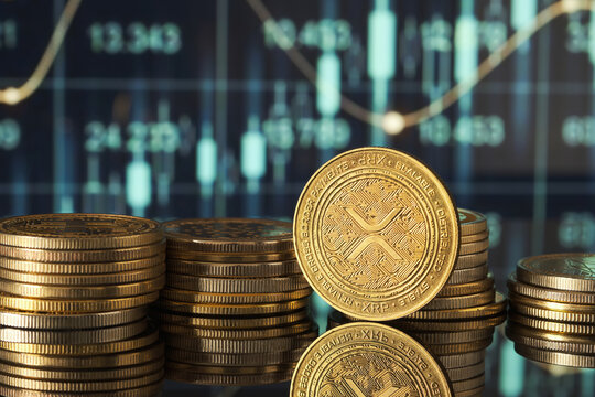 XRP Coins Stacked With Financial Graphs in Background Illustrating Market Trends