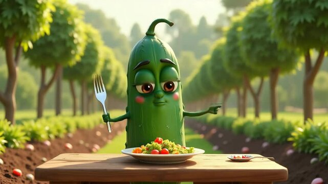 A cartoon cucumber with big eyes greets guests with an enthusiastic mood, telling where he picked vegetables for a salad, against the background of a garden