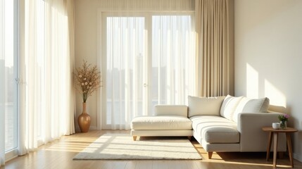 Serene Sunlight Illuminates a Modern Living Room with a Plush Sectional Sofa and Sheer Curtains