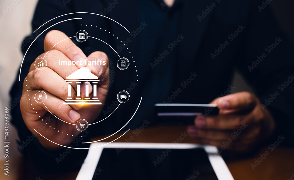 Poster a businessperson interacts with a virtual interface displaying 