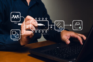 A person uses a laptop with a digital illustration showing a data processing workflow connecting user, data set, processing, upload, and storage.