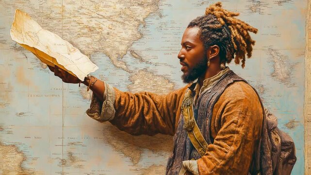 Explorer examines a vintage map while standing against a world map backdrop.