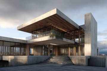 Modern architectural masterpiece showcasing sleek concrete design, large glass windows, and a stunning wooden ceiling, perfect for contemporary building concepts and inspirational construction ideas.
