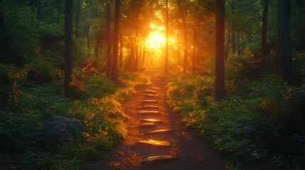 Fototapeta premium Sunlit Forest Path: A Journey into Golden Light
