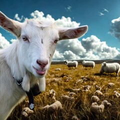 Obraz premium Curious Goat in a Meadow with Grazing Sheep