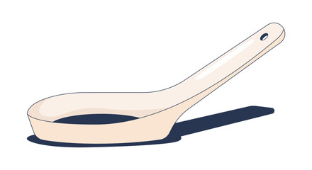 Empty white ceramic soup spoon 2D cartoon object. Asian utensil kitchen tool. Cooking equipment. Oriental tablespoon kitchenware isolated element flat vector clip art on white. Spot illustration