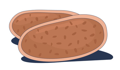 Whole grain bread slices 2D cartoon object. Wheat crust, rustic sliced loaf. Fresh baking food. Artisan nutrition. Bakery product isolated element flat vector clip art on white. Spot illustration