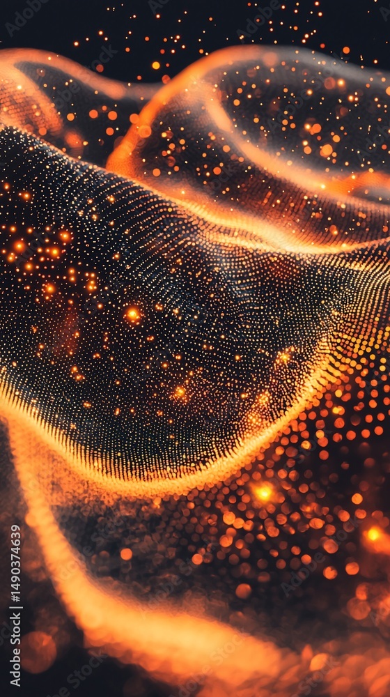 Poster abstract luminous waveform with glowing particles against a dark background