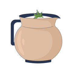 Buttermilk pitcher with cilantro garnish 2D cartoon object. Yogurt drink in clay jug. Indian lassi topped with herb. Beverage vessel isolated element flat vector clip art on white. Spot illustration