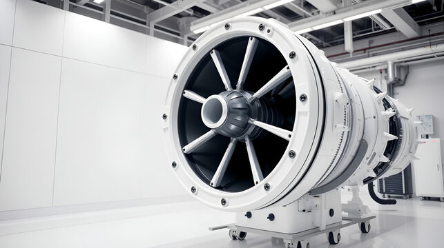 Futuristic White Rocket Engine in a Clean Room