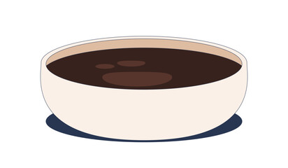 Hoisin sauce in bowl 2D cartoon object. Asian condiment. Dark glaze. Chinese savory dip. Culinary dipping. Kitchen ingredient isolated element flat vector clip art on white. Spot illustration