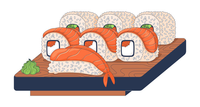 sushi rolls on wooden board, food clip art preview