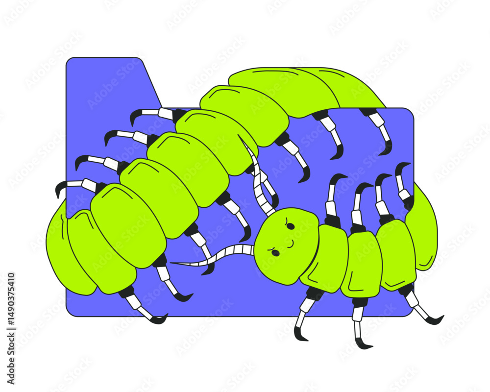 Poster centipede crawling over file folder 2d onboarding ui illustration. computer virus. data breach. whim