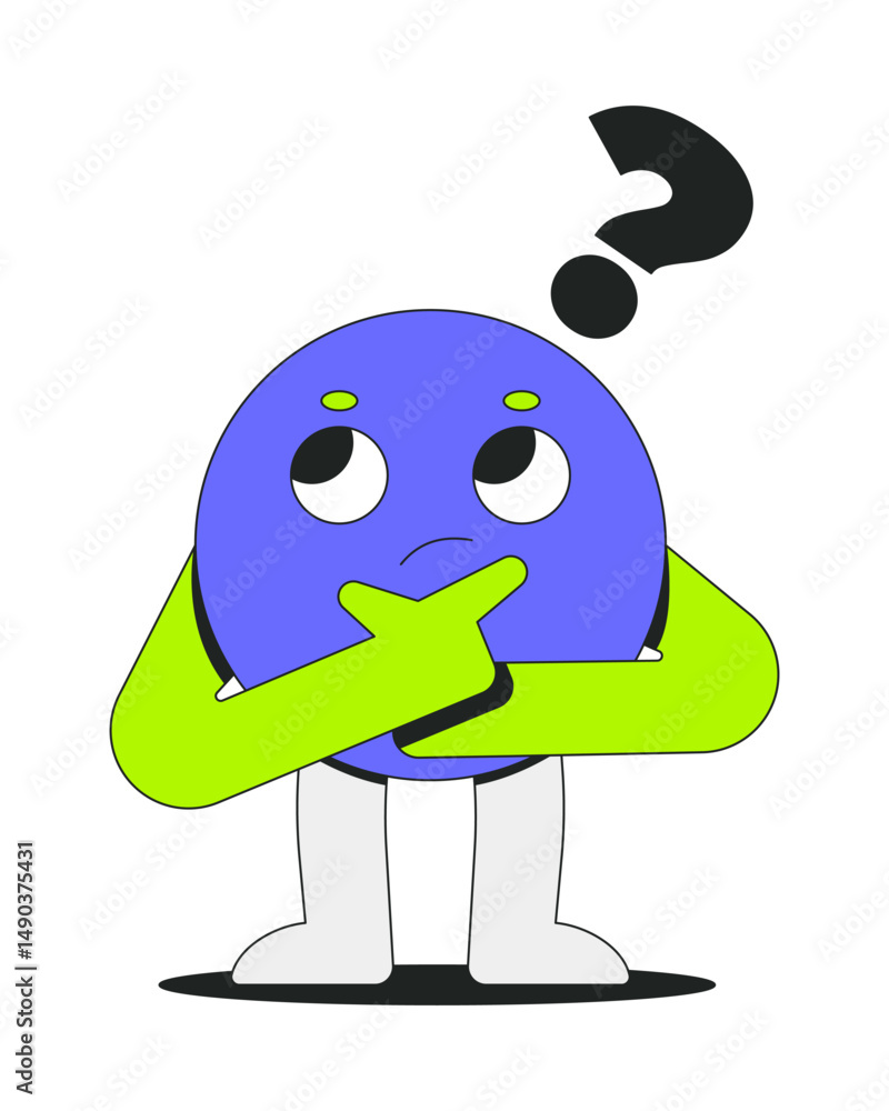 Poster groovy round character thinking with question mark 2d onboarding ui illustration. curious brainstorm