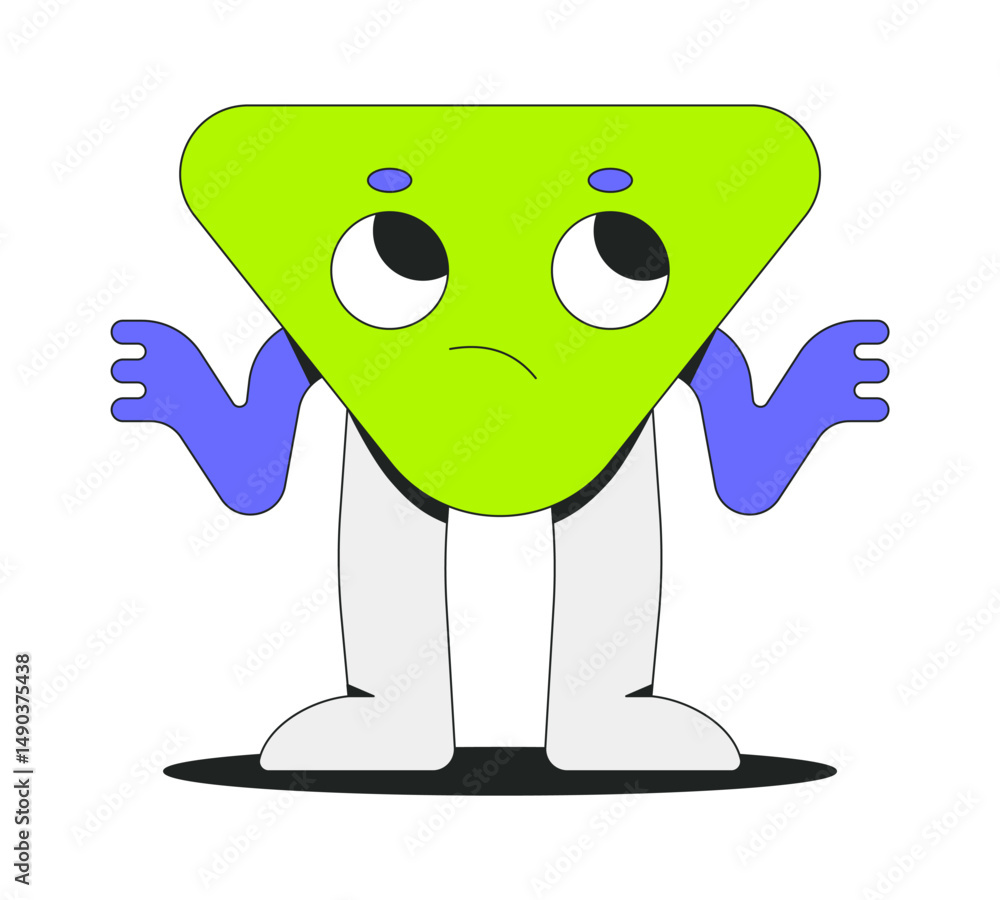Poster confused groovy triangle character shrugging 2d onboarding ui illustration. retro 70s triangular per