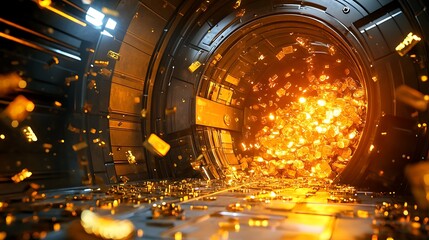 Cartoon vault exploding with golden plans