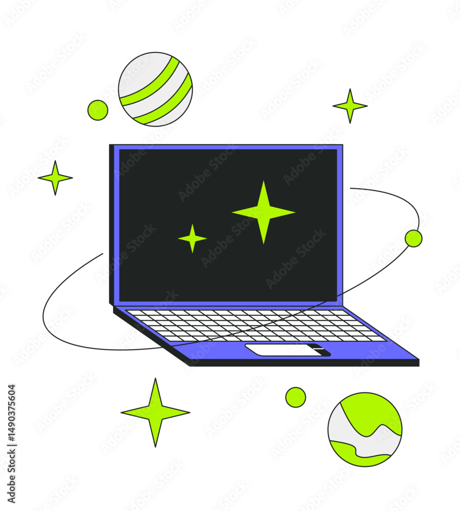 Poster laptop with orbiting planets sparkles 2d onboarding ui illustration. cosmic internet. cyber space no