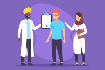 Two healthcare professionals discussing treatment plan with patient in clinic setting. Team focused on patient care and medical guidance