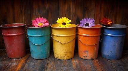 Naklejka premium Colorful buckets with flowers, and wood background.