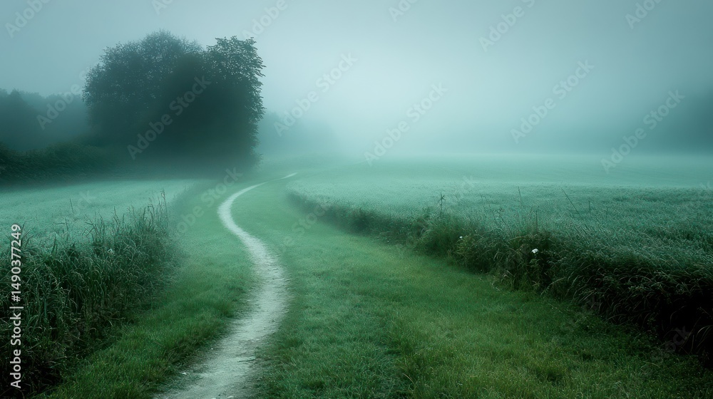 Poster misty country path winding through fields