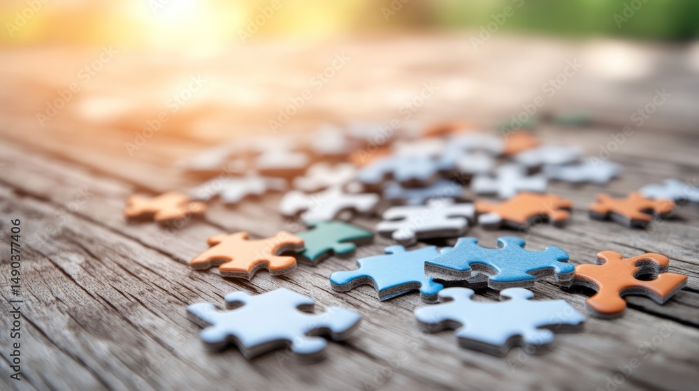 Poster puzzle pieces on wood surface problem solving strategy connection concepts