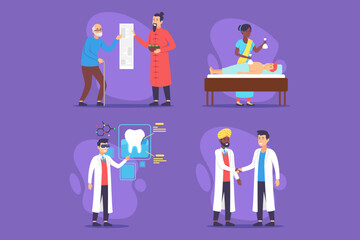 Collection of various healthcare activities, featuring doctor examining patient, nurse administering treatment, and professionals collaborating in clinic setting