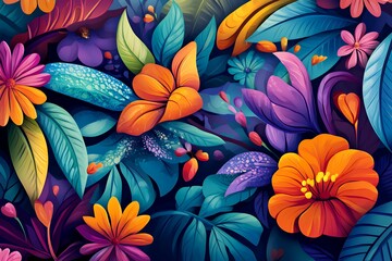 Vibrant floral pattern featuring colorful flowers and leaves in shades of orange, pink, purple, and blue, creating a lively and eye catching botanical illustration.