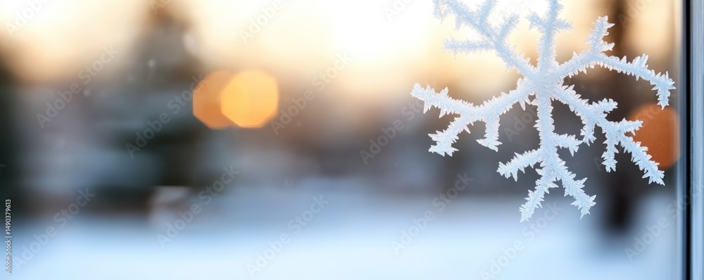 Poster delicate snowflake on windowpane in winter background