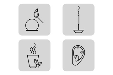 Set of four simple line icons depicting elements related to wellness. Includes leaf, incense stick, steaming cup, and sound therapy. Healing and relaxation concept