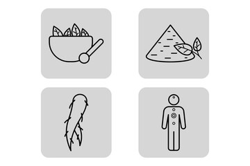 Set of line icons depicting various elements related to medicine, including herbs, pyramid structure, root plant, and medical figure. Ideal for health-focused projects
