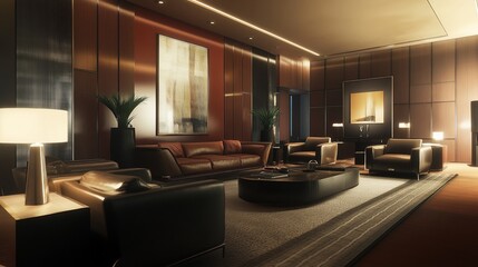 Naklejka premium Luxurious Living Room with Rich Wood Panels and Comfortable Leather Seating