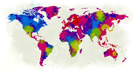 Colorful world map illustration with abstract watercolor style for geography and global themes, Generative AI
