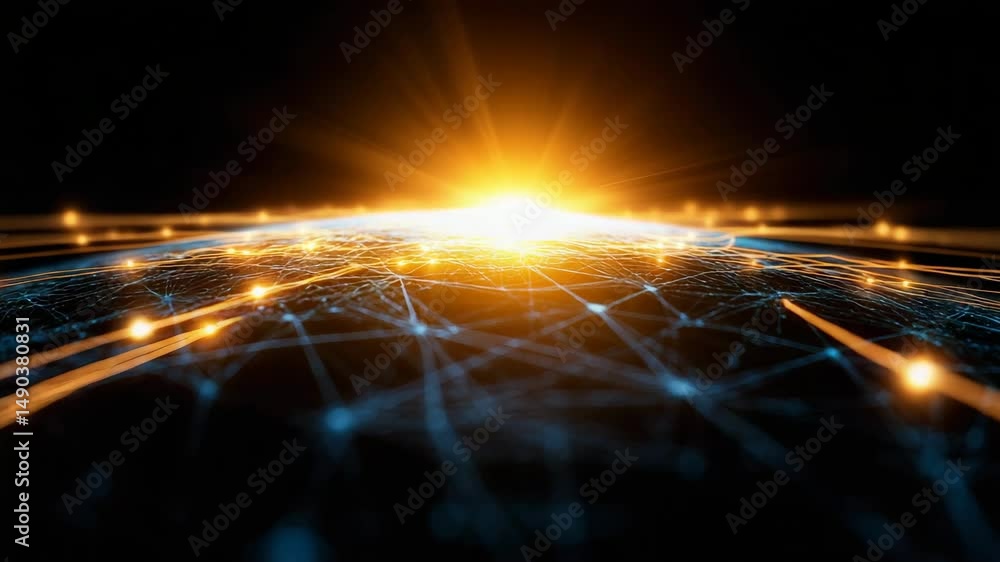 Poster a glowing sunrise with digital network lines and points spreading across a dark surface, symbolizing