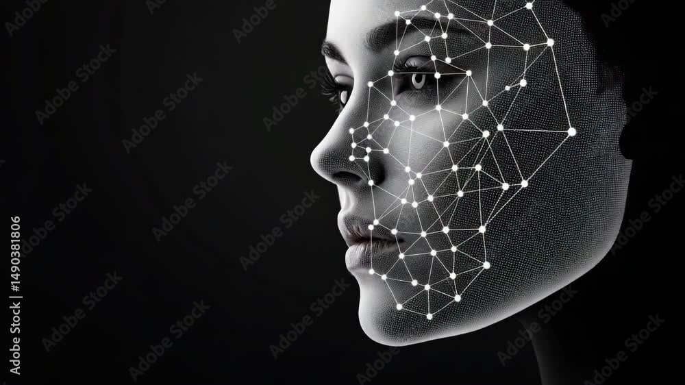 Poster a woman's face is shown in profile with a digital network pattern overlay, symbolizing technology an