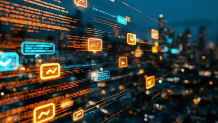 Digital data visualizations and analytics icons are floating over a blurred cityscape at night, symbolizing advanced technology and connectivity. - Powered by Adobe