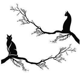 black cat with yellow eyes sitting at long twisted bare tree branch - halloween theme vector silhouette design set