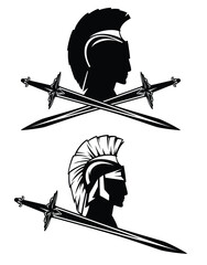 spartan warrior wearing helmet and two crossed swords - ancient roman soldier head black and white vector design set
