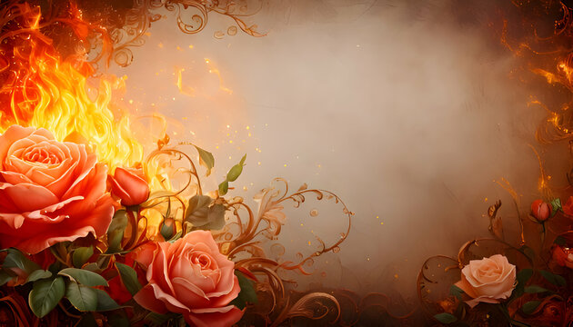 A decorative background featuring roses and a fiery element, perfect for invitations.
