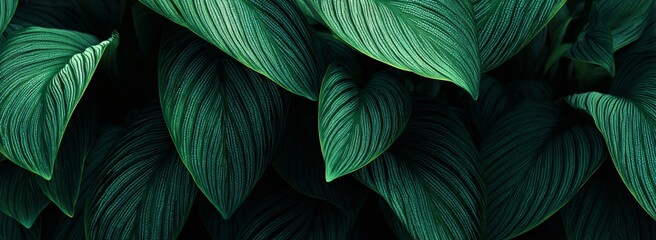 Fototapeta premium Lush Green Tropical Leaves Detailed Texture Nature Background Botanical Photography