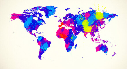 Fototapeta premium Colorful world map illustration with abstract watercolor style for geography and global themes, Generative AI
