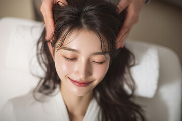 ヘッドスパを楽しむ女性